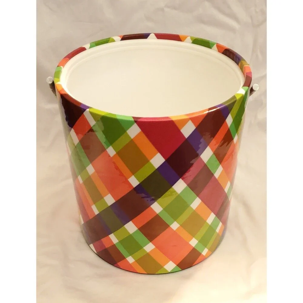 Colorful Plaid Ice Bucket With Lid & Handle Mid Century Style Retro Design Neon